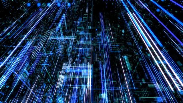 Abstract digital abstract virtual city. Scanning city for hackers attack concept. Software developer, programming, binary computer code with technology and connection concept. 3D render 4K loop