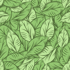Grüne organische Blätter, nahtloses Muster. Detaillierte Illustration, handgezeichnet. Ideal für Stoffe und Textilien, Drucke, Einladungen, Verpackungen oder jede gewünschte Idee.