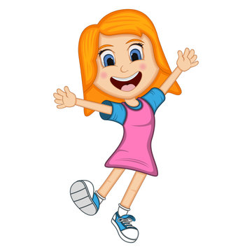 Happy girl, dance, jump and cheerful cartoon
