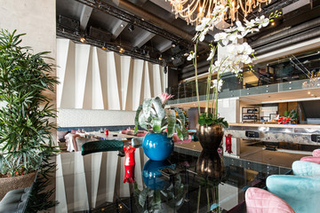 Interior of a new luxury restaurant in the morning