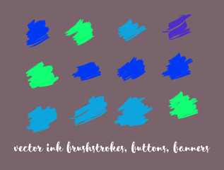 Natural Hand Painted Vector Button Set. Graffiti Logo, Paint Brush Stroke. Trendy Artistic Ads Button, Graffiti Paintbrush Doodles. Natural Concept Vector Banner Set. Ink Splash and Backgrounds