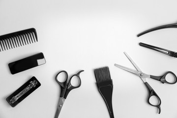 Professional hairdresser tools on white background