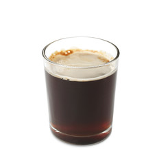 Glass of aromatic hot coffee on white background