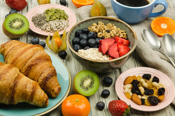 Healthy breakfast on a rustic background