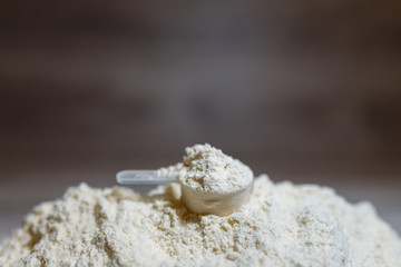 Product photograph of spoon or measuring scoop of whey protein on grey wooden background. Dry mixture for dilution with milk or water. Whey protein scoop. Sports dietary nutrition.