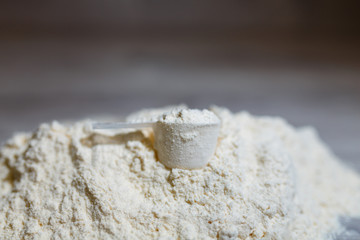 Product photograph of spoon or measuring scoop of whey protein on grey wooden background. Dry mixture for dilution with milk or water. Whey protein scoop. Sports dietary nutrition.