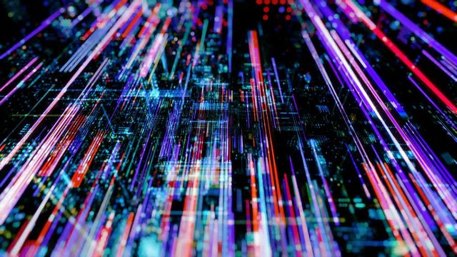 Abstract digital abstract virtual city. Scanning city for hackers attack concept. Software developer, programming, binary computer code with technology and connection concept. 3D render 4K loop