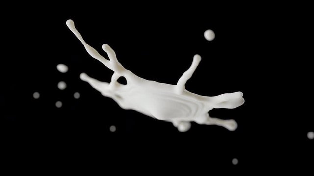 Cg animation of two milk drops colliding splash on black background. Slow motion with speed ramping. Has alpha matte.