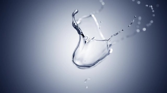 Cg animation of two water drops colliding splash blue gradient background. Slow motion with speed ramping. Has alpha matte.
