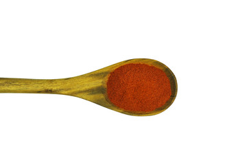 Red pepper in wooden spoon on white background