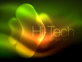 Blurred arrows in dark space. Neon pointers, glass glossy design, abstract shiny techno background, web banner