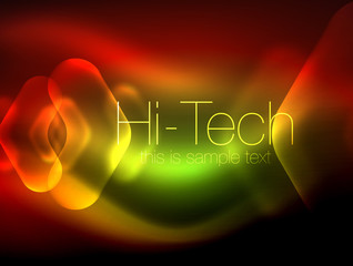 Blurred arrows in dark space. Neon pointers, glass glossy design, abstract shiny techno background, web banner