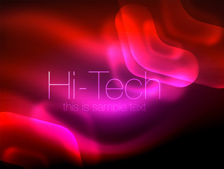 Blurred arrows in dark space. Neon pointers, glass glossy design, abstract shiny techno background, web banner