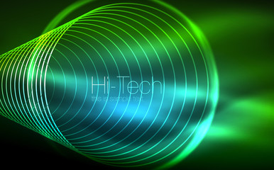 Circular glowing neon shapes, techno background. Abstract shiny transparent circles on dark technology space
