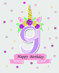 Vector illustration with number Nine, Unicorn Horn, ears and flower wreath. Template for birthday, party invitation, greeting card. Cute Number Nine as logo, patch, sticker.