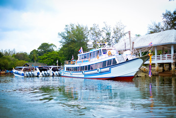 Fototapeta na wymiar Ferry boat at port of Ao-Nang beach, Krabi, thailand.