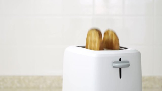 Roasted toast bread popping up from white modern toaster machine