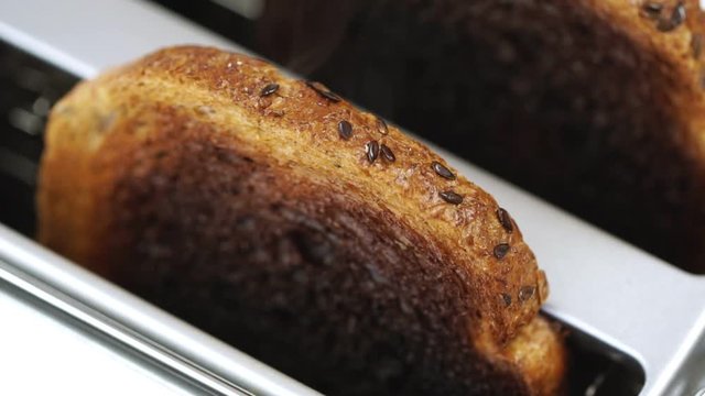 Overcooked and burnt toast bread smoking in white toaster machine