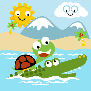Crocodile and turtle cartoon at summer. Eps 10