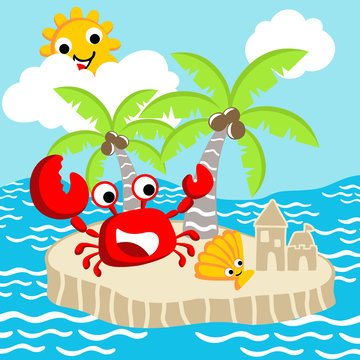 Crab and shellfish cartoon in the little island. Eps 10