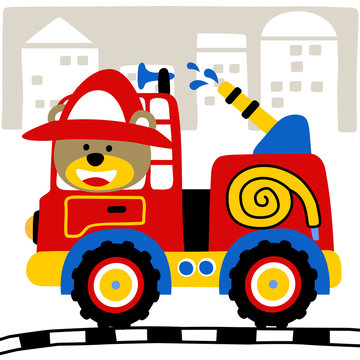 Fire truck cartoon with funny fireman. Eps 10