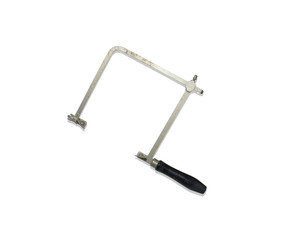 Old metal fret saw tool with wooden handle grip isolated on white background.