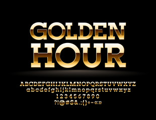 Vector majestic Text Golden Hour. Chic reflective Font. Glossy Glamour Alphabet Letters, Numbers and Symbols