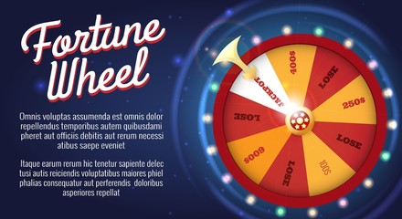 Motion fortune wheel poster. Wheel of fortune banner, roulette or lottery game for bankrupt or success opportunity vector illustration