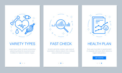 Health and medical concept onboarding app screens. Modern and simplified vector illustration walkthrough screens template for mobile apps.
