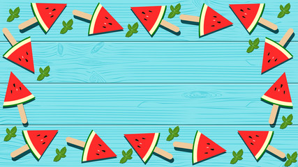 Vector in flat style design. Watermelon popsicles and mint leaves on blue wooden background. Top view and copy space for text.