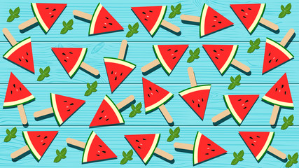 Vector in flat style design. Watermelon popsicles and peppermint leaves on blue wooden background. Top view.