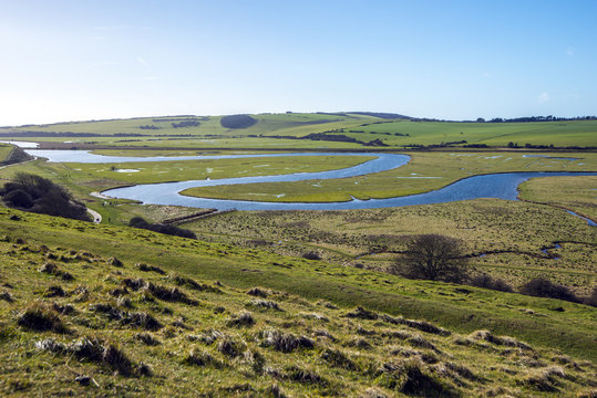 View of the meandering River Cuckmere, near Eastbourne, East Sussex, England