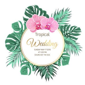 Tropical wedding marriage event invtiation template. Wreath garland frame decoration arrangement. Exotic jungle rainforest palm tree monstera green leaves. Pink purple orchid phalaenopsis flowers.