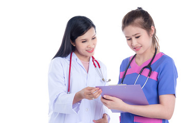 Fototapeta premium Beautiful Asian doctor and nurse, meadical team discussing over white background