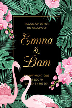 Wedding event invite template card. Border frame dark black night background. Green tropical jungle rainforest palm tree monstera leaves. Orchid phalaenopsis flowers. Pink flamingo birds couple.