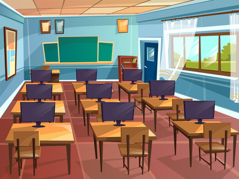 Vector cartoon empty high school college university computer science classroom background. Illustration room interior indoor objects desk table chair desktop monitor board. Learning, education concept
