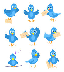 Set of blue bird mail delivery, vector illustration