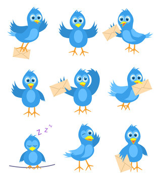 Set of blue bird mail delivery, vector illustration