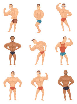 Set of bodybuilder, strong man cartoon character in different poses, vector illustration