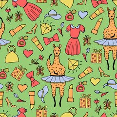 Cute hand-drawn seamless pattern of a lama-ballerina in a tutu. Hand-drawn gentle pictures.