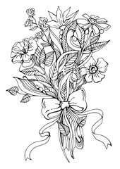 Букет цветов. Графический рисунок с изображением букета цветов. Летние цветы в подарок