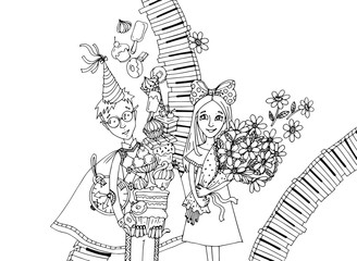 поздравительная открытка с днем рождения, юбилеем, годовщиной. Мальчик со сладостями и девочка с букетом цветов . Графическая иллюстрация. Праздники и день рождение
