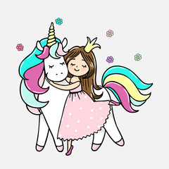 Hand drawn illustration of a magic unicorn wih a princess. Vector isolated illustration © Olga