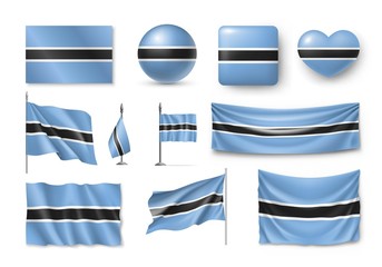 Set Botswana flags, banners, banners, symbols, flat icon. Vector illustration of collection of national symbols on various objects and state signs