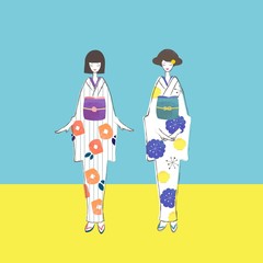 レトロモダン花柄の着物の女の子二人組の水彩タッチ手描き風イラスト。