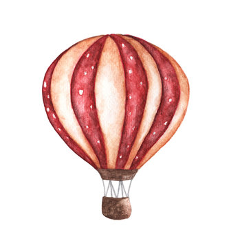 Vintage hot air balloon, polka dot pattern. Watercolor illustration. For design, print and background