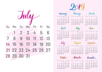 Colorful planner, 2019, July separately, white-blue background, lettering, artboard. Stylish annual calendar for modern people. Vector illustration of chart