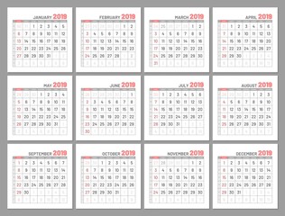 Set identical light mini calendars, 2019, months, flat. Diary for notes, scheduling, marks of important dates and events in red color. Vector illustration of menologies collection