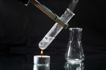 Chemical powder from the chemistry kit with macro lens photographed in studio
