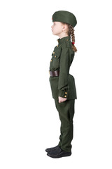 girl in military uniform stands straight, side view, isolated on white